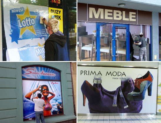 W trakcie oklejania witryny punktu Lotto i witryny sklepu meblowego. Poniżej oklejone witryny solarium i sklepu obuwniczego Prima Moda
